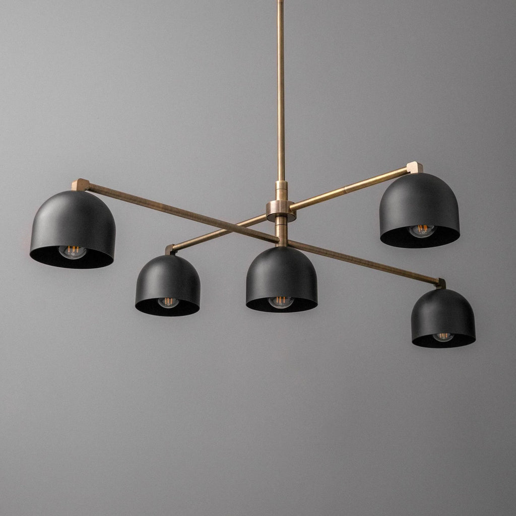 Modern 5 Light Chandelier, Black Dome Pendant Light, Mid Century Brass Ceiling Fixture, Kitchen Island Lighting, Minimalist Linear Light