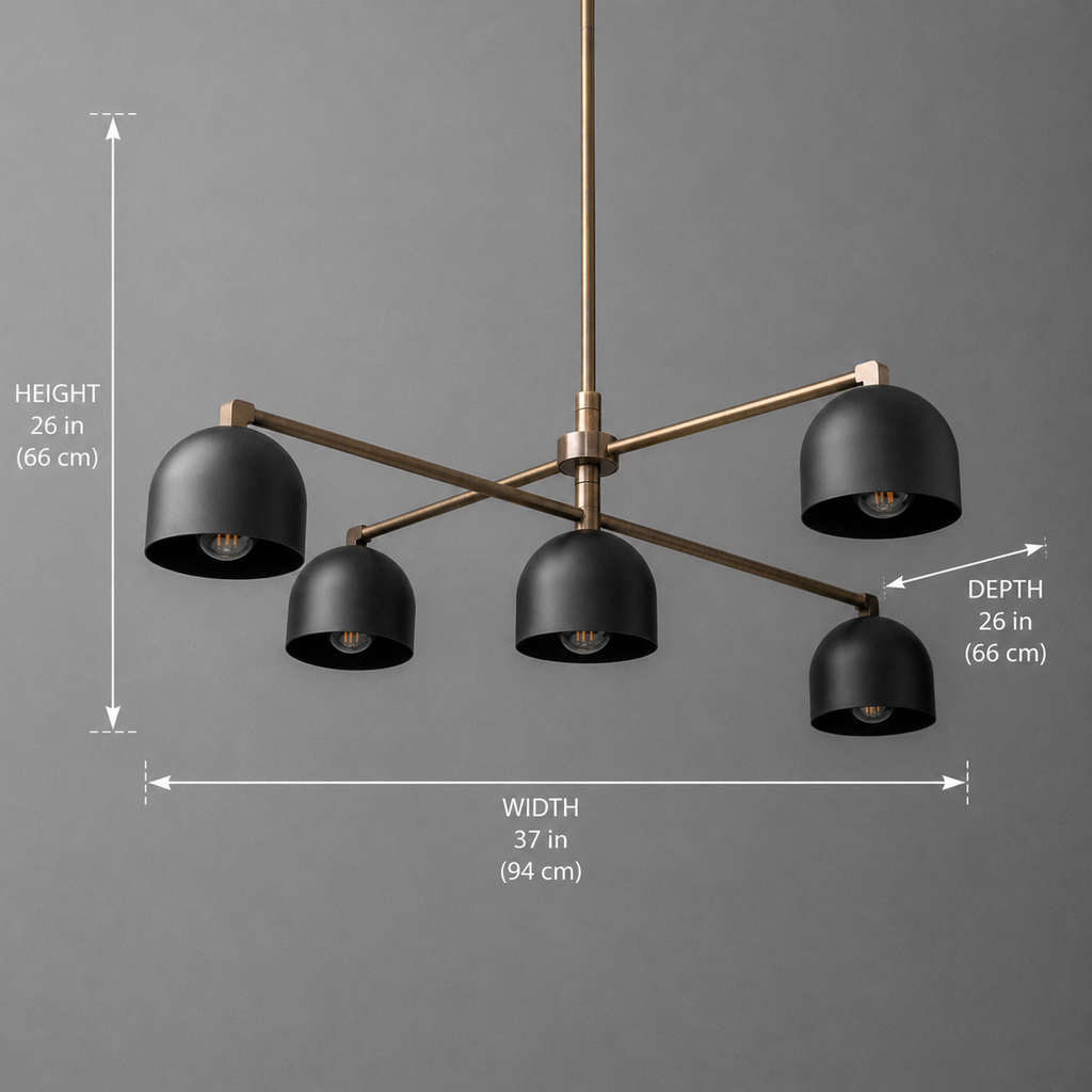 Modern 5 Light Chandelier, Black Dome Pendant Light, Mid Century Brass Ceiling Fixture, Kitchen Island Lighting, Minimalist Linear Light