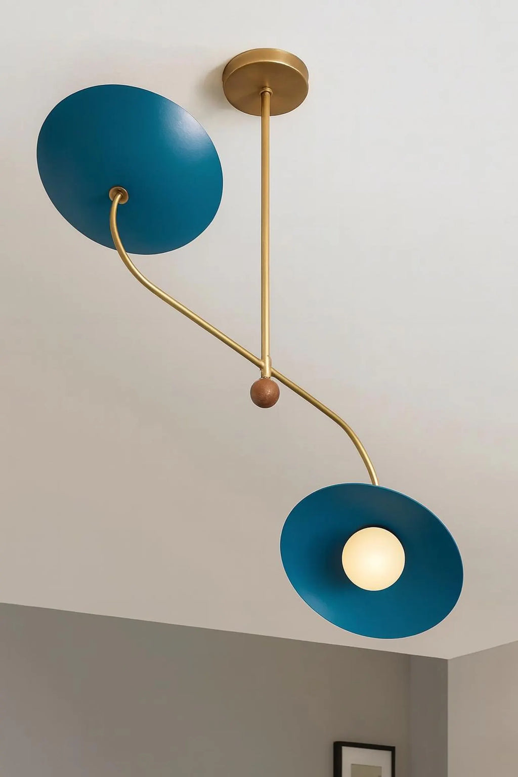 Mid-Century Modern Brass Counterbalance Chandelier • 2-Light Italian Stilnovo Sputnik Pendant with Black Dome Shades