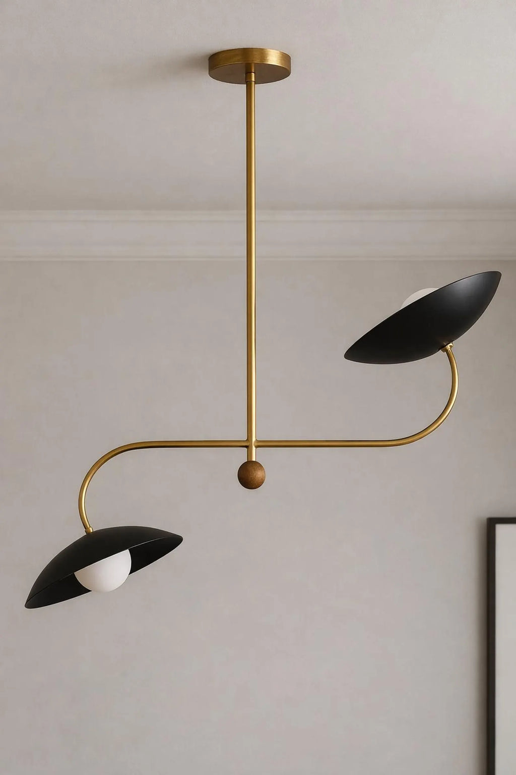 Mid-Century Modern Brass Counterbalance Chandelier • 2-Light Italian Stilnovo Sputnik Pendant with Black Dome Shades