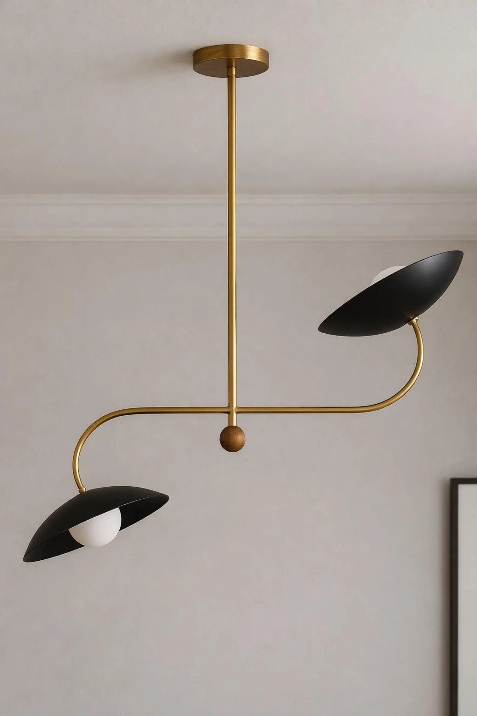 Mid-Century Modern Brass Counterbalance Chandelier • 2-Light Italian Stilnovo Sputnik Pendant with Black Dome Shades