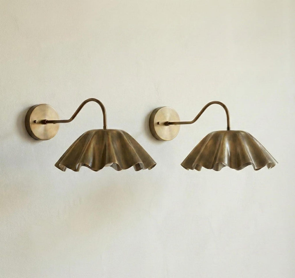Vintage Brass Ruffle Shade Wall Sconce – Mid Century Modern Scalloped Lamp Fixture